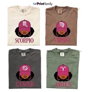 [Full 12 Zodiac] Pink Zodiac Black Girl T-Shirt, Scorpio Virgo Cancer Aries Graphic Tee, Glitter Astrology Shirt, Birthday Gift for Her, Unisex Trendy Tee