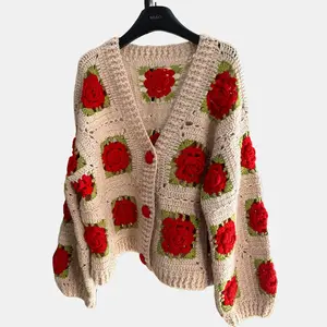 MIAO Women's Handknitted Sweater Cardigan Outfits 3D Hollow Red Flowers Crochet Design Cozy Fashion  Knitwear Knitting Tops Long Sleeve