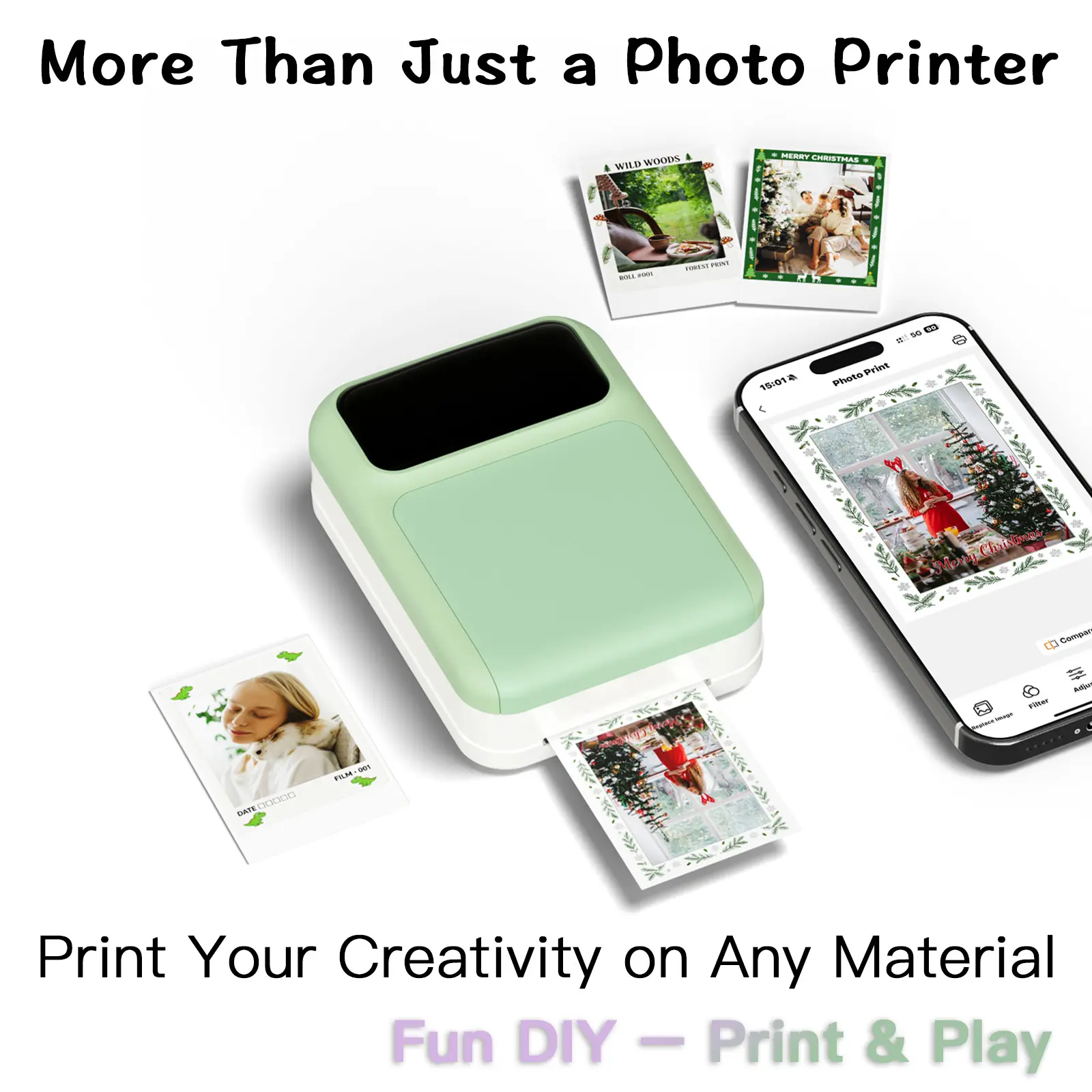 Back to school color DIY photo printer, instant color inkjet mini printer with adhesive back photos, student portable Bluetooth printer, personalized sticker DIY instant printing, USB rechargeable, ink cartridge replaceable