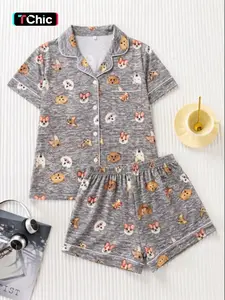 Women's Two-Piece Fun Pet Dog Full-Print Sleepwear, Soft Fabric, Comfortable Loose Fit, Casual Short Sleeve Top and Shorts Set, Pajama Set