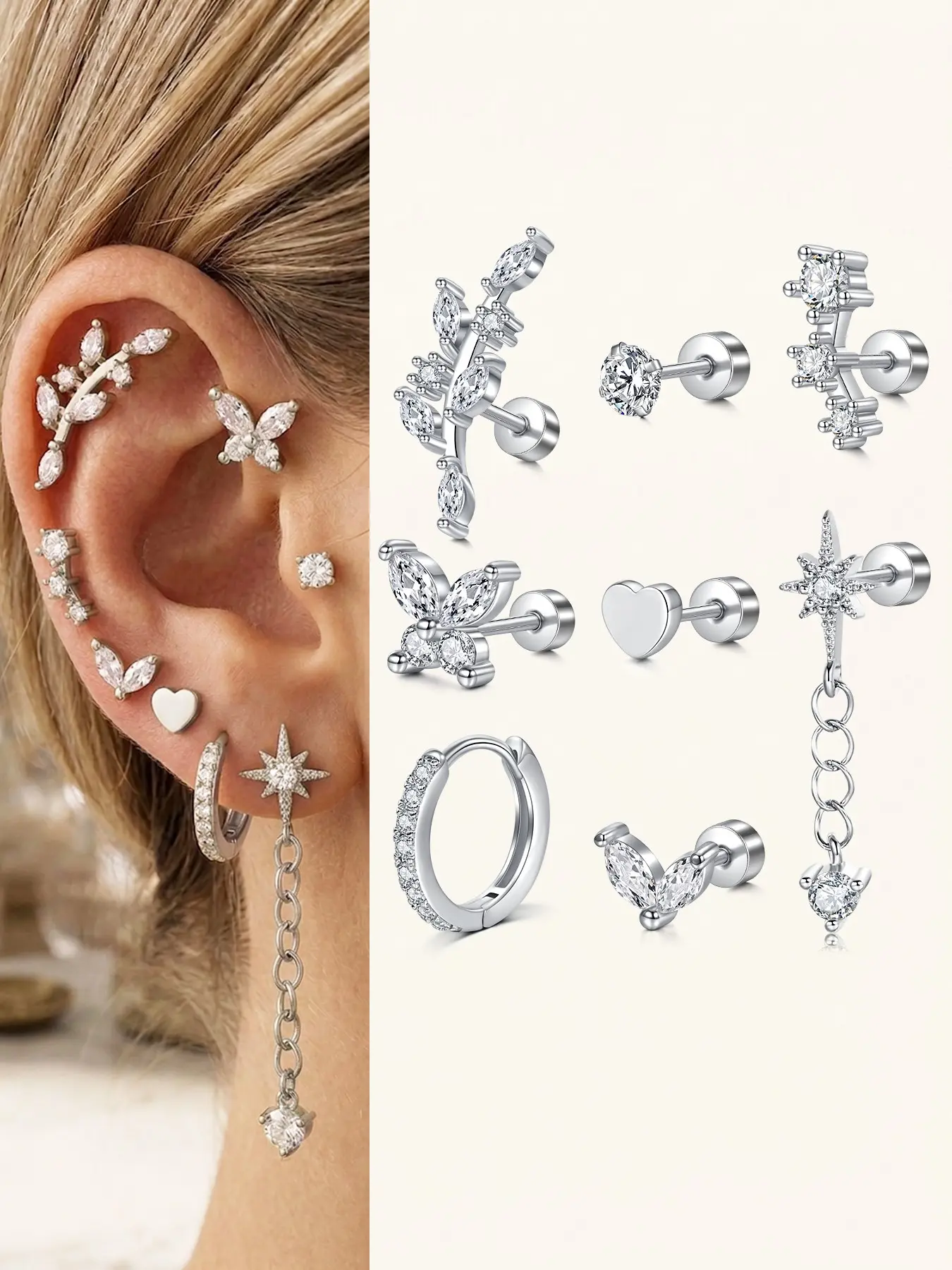 8 Pcs Hypoallergenic Flat Back Earrings for Women Cartilage Earring Stacks Stainless Steel Earring Stacking Set Small Flatback Stud Hoop Earring Set for Cartilage and Helix Piercing Jewelry Trendy