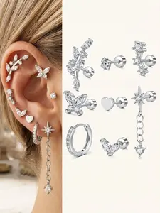 8 Pcs Hypoallergenic Flat Back Earrings for Women Cartilage Earring Stacks Stainless Steel Earring Stacks Set Small Flatback Stud Hoop Earring Set for Cartilage and Helix Piercing Jewelry Trendy