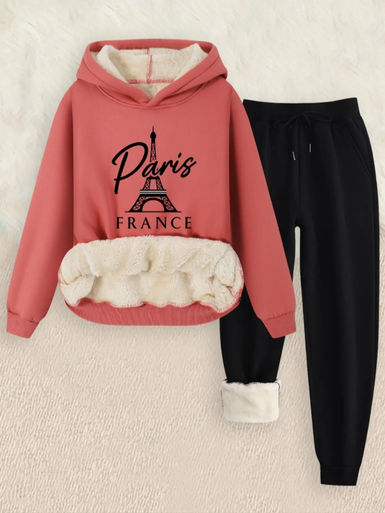 Women's Fashion Casual Set, Paris France Letter & Eiffel Tower Print Hoodie Sweatpants, Fleece Lined Thickened, Long Sleeve, Fall Winter