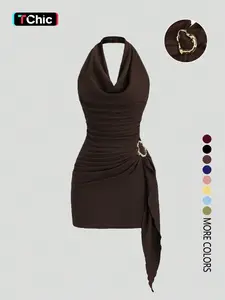 Solid Color Halter Neck Sleeveless Backless Slim Dress, Chic Minimalist Casual Office Wear for Women, Elegant & Comfortable for Daily Use
