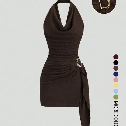 Women's Fashion Slim Solid Color Halter Neck Sleeveless Dress, Casual Office Wear, Elegant Backless Design, Perfect for Daily Use, Stylish, Chic and Comfortable, Casual Classy Dress