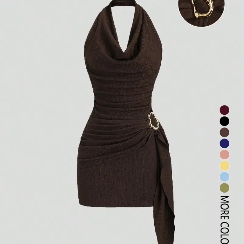 Women's Fashion Slim Solid Color Halter Neck Sleeveless Dress, Casual Office Wear, Elegant Backless Design, Perfect for Daily Use, Stylish, Chic and Comfortable, Casual Classy Dress