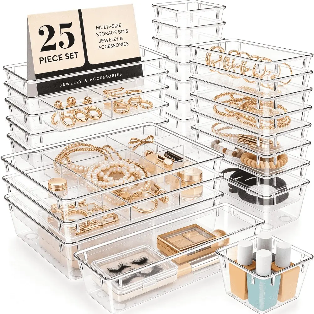 Transparent Drawer Organizer Trays (8/25-Pack) - Stackable Non-Slip Modular Rectangle Dividers, 2 In Height Mixed Sizes Flat-Pack, Organizer Storage for Vanity Beauty Storage Solutions, Home Bins for Makeup Items