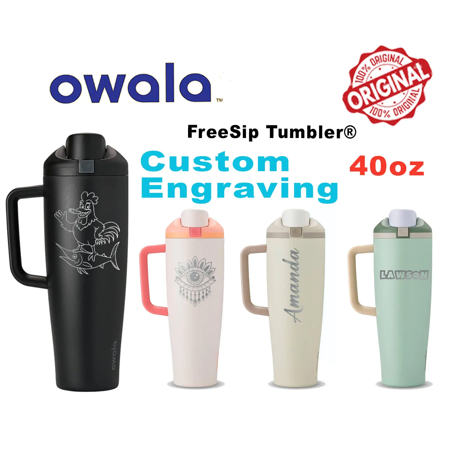Owala FreeSip Tumbler 40oz Laser Engraved Insulated Stainless Steel Water Bottle with Custom Name for Coffee Tea Gift for Her