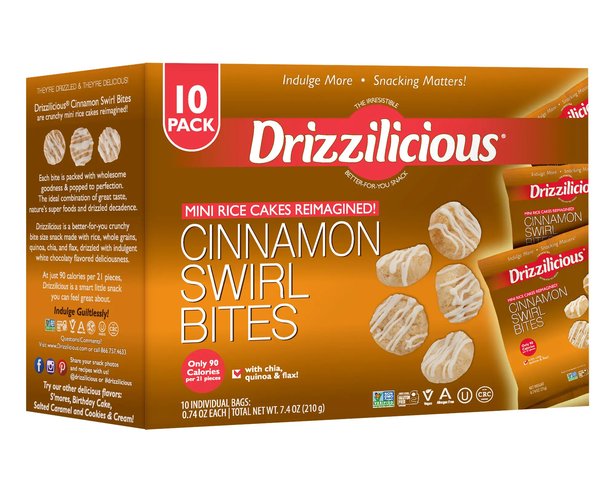 Drizzilicious Cinnamon Swirl Mini Rice Cakes - Gluten-Free, Vegan, Crunchy & Healthy Snack, 90 Calories per Bag, 0.74 oz (Pack of 10)
