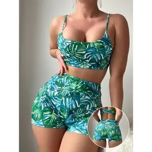 Women’s Tropical Print Swimsuit Set, Bohemian Style Adjustable Strap Swim Top and High Waist Swim Shorts, Women’s Summer Swimsuit GARMENTARY