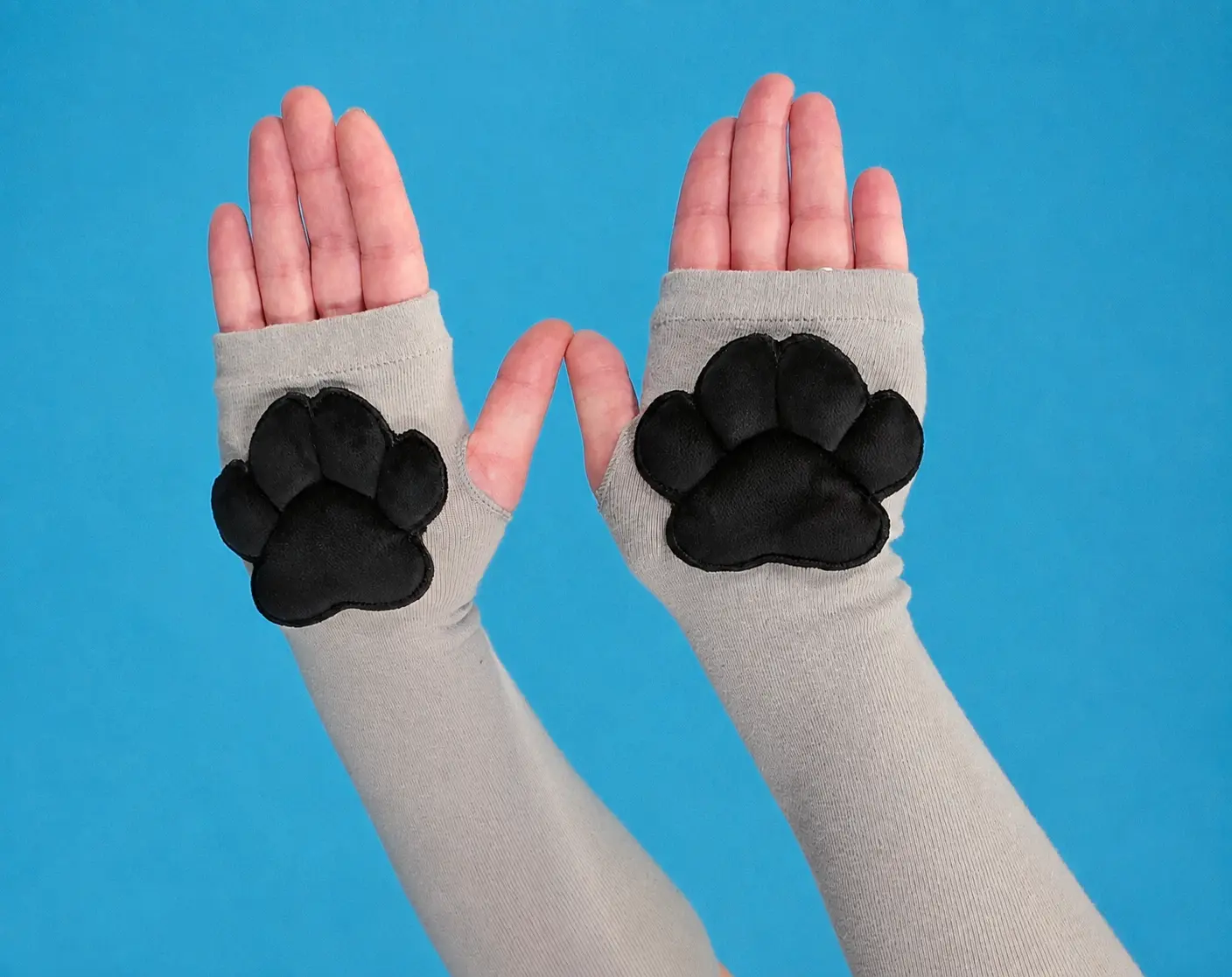 Plush Black Paw Pads on Grey Fingerless Gloves