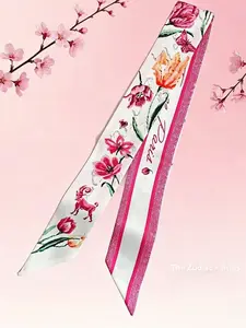 Twelve Constellation Floral Print Narrow Scarf, Soft Satin Fine Neck Scarf, Multi-Functional Headband and Bag Accessory