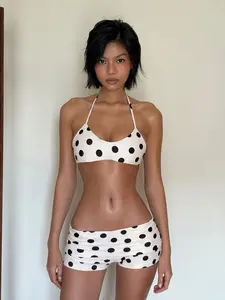 Women's Holiday Style Colorblock Polka Dot Bikini Set, Sexy Halter Top & Low Waist Slim Shorts Two-Piece, Beach Vacation Island Travel, Halter Neck Bikini