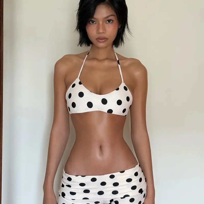 Women's Holiday Style Colorblock Polka Dot Bikini Set With Shorts, Sexy Halter Top & Low Waist Slim Shorts Two-Piece, Beach Vacation Island Travel, Swimsuits Set, Halter Neck Bikini, Swimsuit Bikini Set