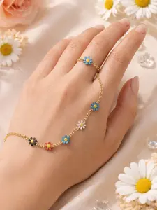 Multicolor Daisy Hand Chain Bracelet & Ring Set