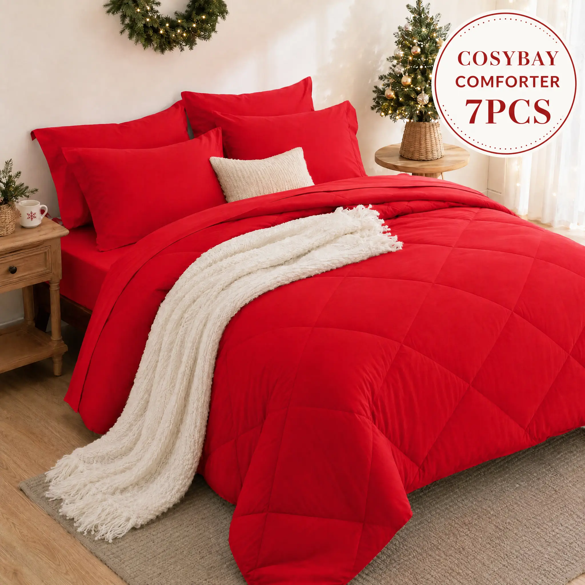 COSYBAY Comforter Set 7 Pieces, Full/Queen/King Size Solid All Season Bedding Set with 1 Comforter + 1 Bed Sheet + 1 Flat sheet up to 16" + 2 Pillow Shams + 2 Pillowcases, Christmas Home Bedroom Decor, Machine Washable,Soft Microfiber#Halloweendecor