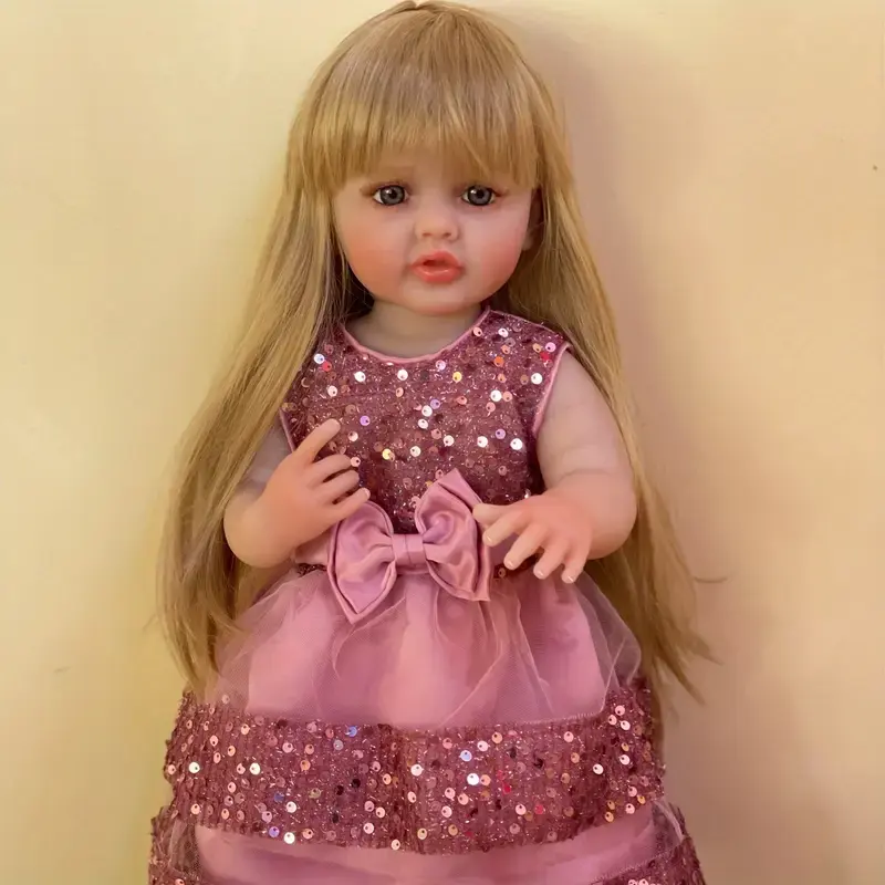 22 Inch Cuddly Full Body Vinyl Girl Doll With Hair 3D Painted Skin Soft Touch Feeling Handmade Lifelike Realistic Bebe Reborn Doll For Children's Gift