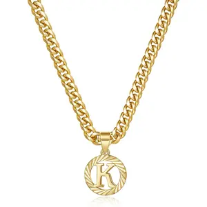 Gold Initial Necklace,14K Round Letter Pendant Hollow Capital Monogram 5mm Cuban Chain Necklace Alphabets from A-Z Dainty Jewelry for Women Men