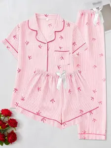 Women's Pajama Set, Sweet Casual Home Wear Loungewear, All over Print Heart and Bow Short Sleeve, Fitted 3-Piece Sleepwear, Four-Season Comfort Pyjamas