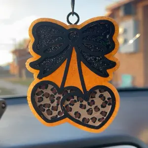 Bow Cheetah Cherry Car Air Freshener Super Cute Glittery Pink Cherries & Green Leaves Fresh Scent Lasts 3 Weeks Ideal for Car Use