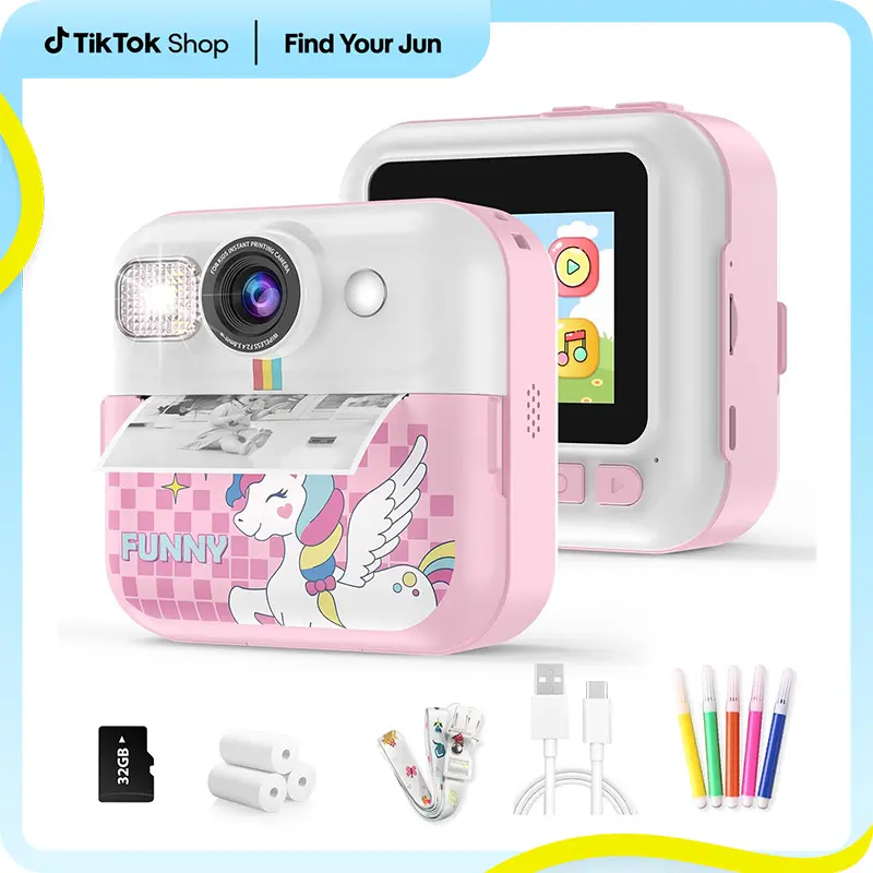 Kids' Unicorn Digital Camera with Screen, 1080P HD Video, Instant Print, 32GB Card, Print Photo Paper, Lanyard, USB, Automatic Puzzle Games, Portable Educational Arts & Crafts Toy Gift Set for Girls 3-9 Years Old