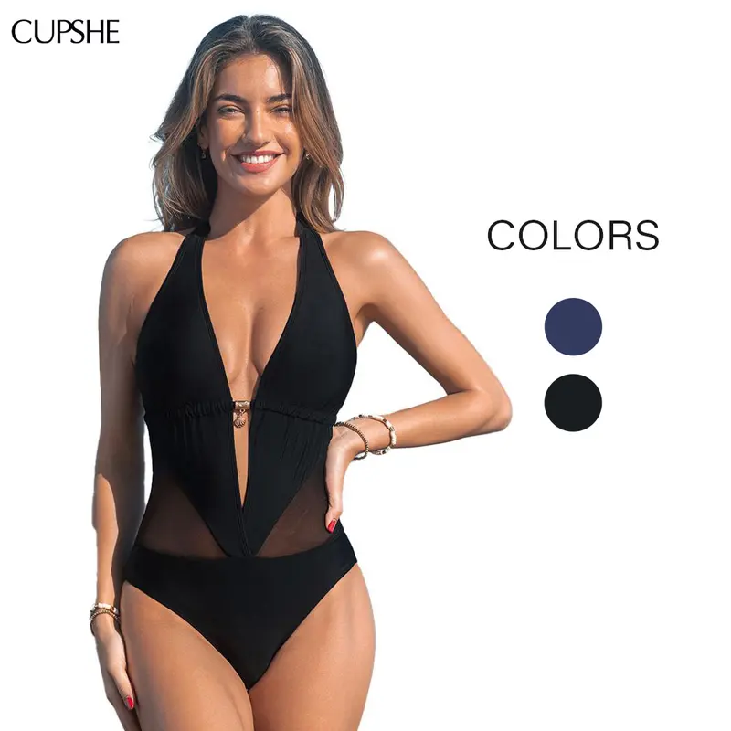 CUPSHE Plunging Halter One Piece Swimsuit with Tummy Control Mesh, Gold Charm Bathing Suit, Slimming Monokini for Beach Vacation 2026