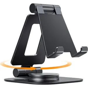 360 Rotating Cell Phone Stand, Fully Adjustable Foldable Desktop Phone Holder Cradle Dock, Thick Case Friendly, Compatible with  Phones,  , Black
