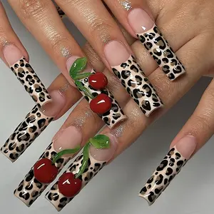 Leopard Print Fake Nails with Nail File & Jelly Glue, 10pcs/set Cherry Decor Press on Nails for Women & Girls DIY Nail Art, Elegant Stick on Nails Kit Nail Art Design, Nail Art Kits