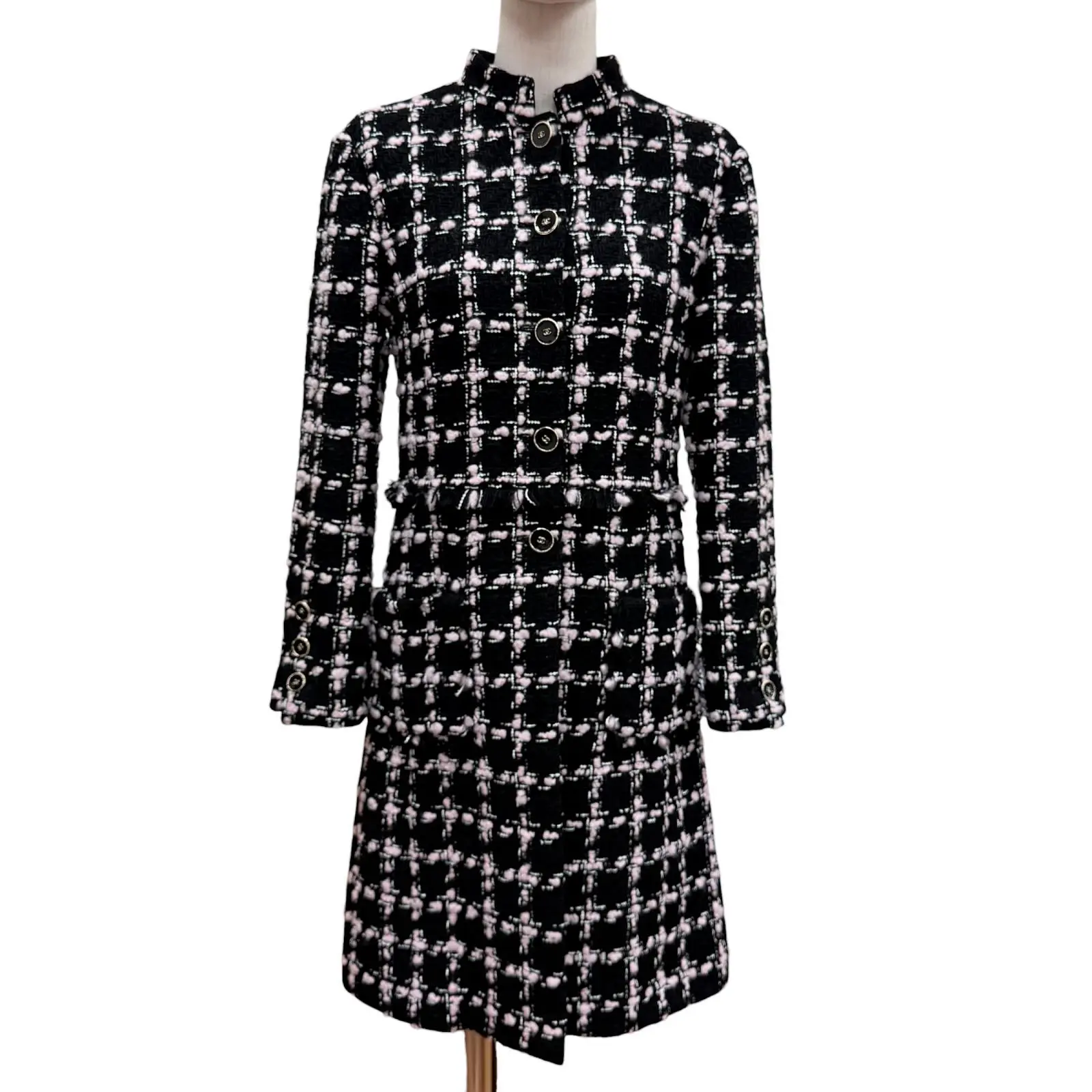 Pre-owned CHANEL Wool Small Leather Goods COCO Button Tweed Coat
