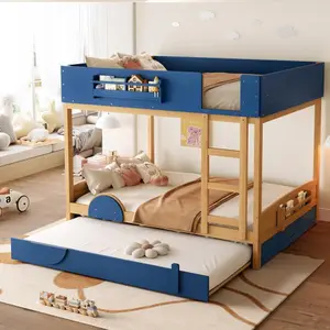 Bellemave Pine Wood 3-Bed Bunk Bed Frame - Automobile Car-Shape Design for Kids, Built-in Shelf, High-Quality Safety Rail