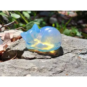 Opalite Cat Statue Handcrafted Blue Clear Crystal Sleeping Kitten Figurine 2 Inch Mineral Specimen Healing Crystal Home Office Desk Decor