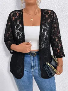 Plus Size Lace Hollow Out Seven-Quarter Sleeve Loose Lightweight Sun Protection Cardigan Jacket, Casual Summer Commute Multi-Scene Wear
