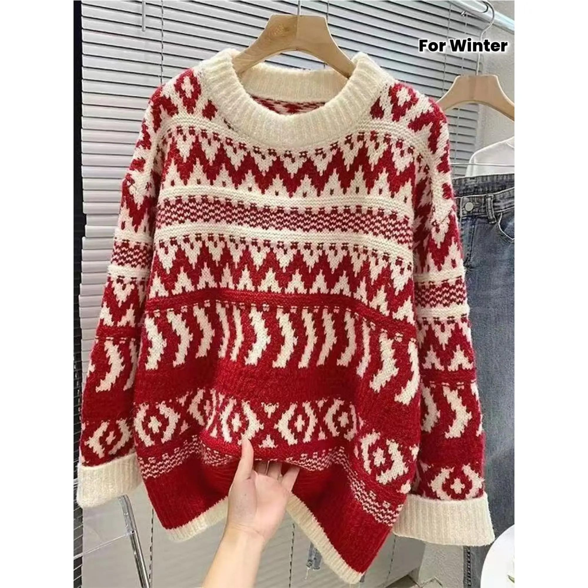 Women's Vintage Christmas Cable Knit Pullover - Red & White, Loose Crew Neck Polyester Knitwear for Holiday Parties