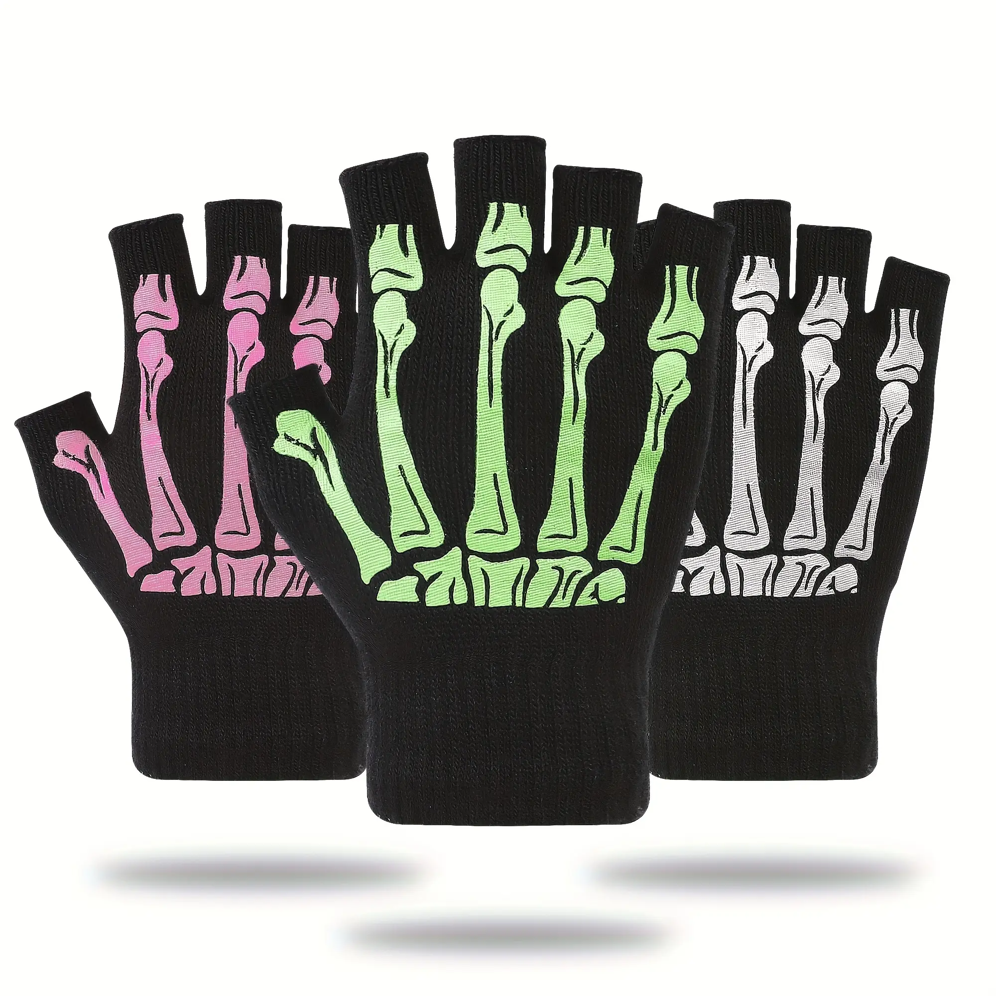 1 Pair/3 Pair Skeleton Fingerless Gloves, Skull Bone Print Half Finger Gloves for Men Women, Gothic Punk Halloween Costume Accessories, Black Gloves for Cosplay Party Motorcycle Streetwear Masks