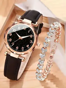 Women's Quartz Watch Set, Casual Trendy Wristwatch, PU Leather Band & Heart Bracelet Jewelry Gift, Casual Analog Timepiece for All Seasons