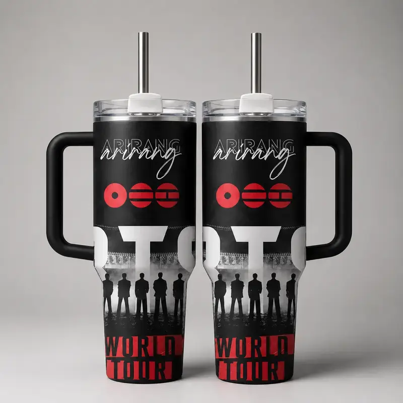 Arirang World Tour ,40oz Kpop Inspired Tumbler Cup – Boy Band Fan Gift, Insulated Travel Mug with Straw Lid, Aesthetic Idol Design