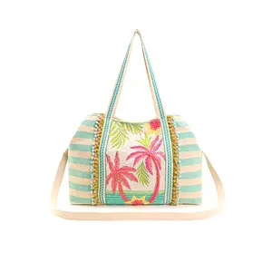 Palms Away Embellished Tote with Colorful Palm Leaf Design Striped Pattern and Beaded Details for a Vibrant Look