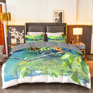 3pcs (1 comforter + 2 pillowcases) All-Season Microfiber Bedding Set, Soft & Fluffy, Hypoallergenic, Wrinkle & Fade Resistant, Easy-Care, Queen/King/Full/Twin Size, Watercolor Bird Print, Hotel-Quality for Bedroom Guest Room Home Dorm