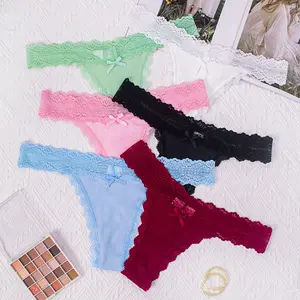 3PCS Sexy Low Rise Thong Panties for Women, Polyamide and Elastane Blend, Solid Color Lace Thongs with Bow Detail, Comfortable Knit Fabric G-Strings