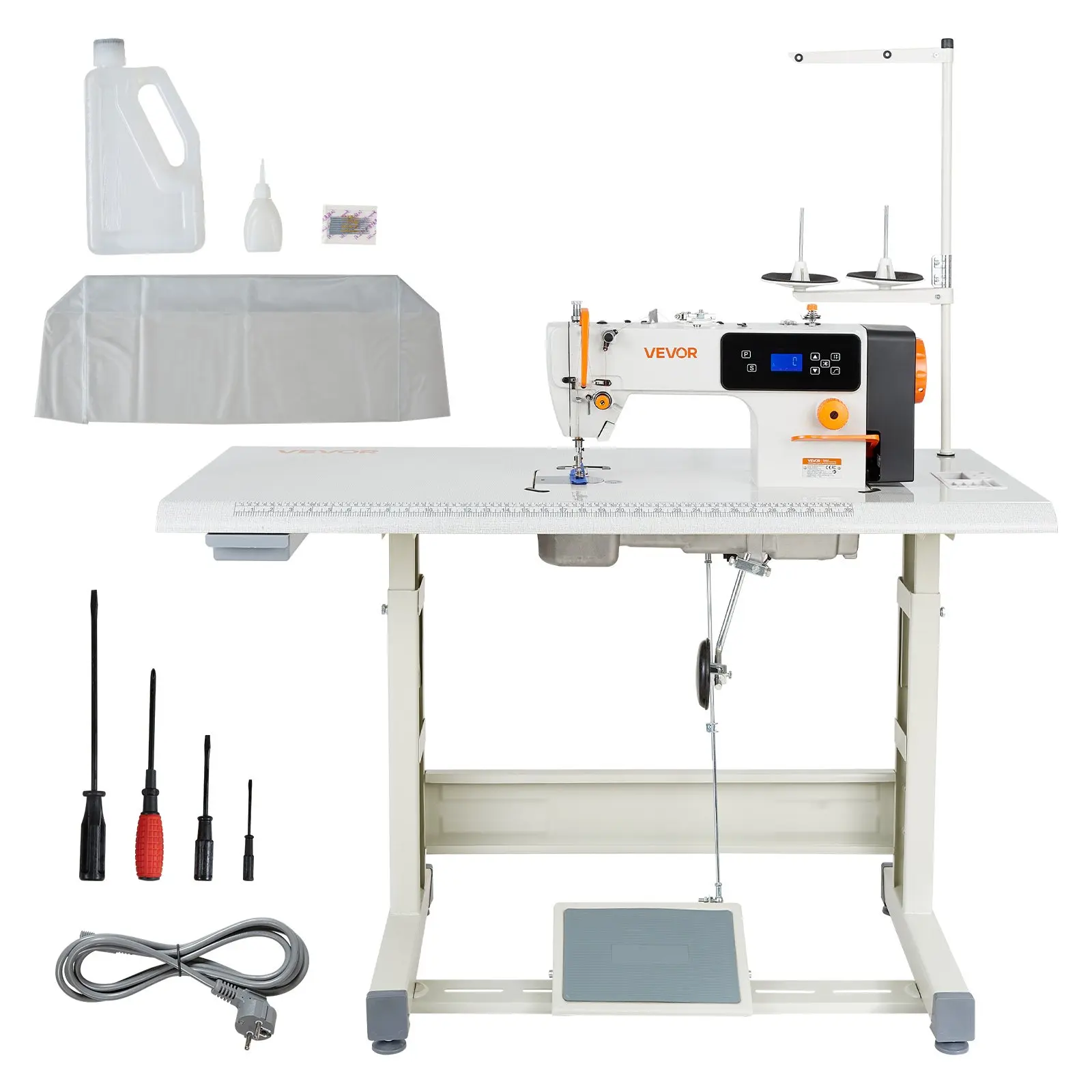 【DealsForYouDays】VEVOR Heavy Duty Industrial Lockstitch Sewing Machine Set, 550W Servo Motor, Table Stand, Auto Thread Trimmer, 5000 SPM High Speed, Metal Frame, LCD Panel, LED Light, for Cotton, Denim, Heavy Duty Sewing Machine
