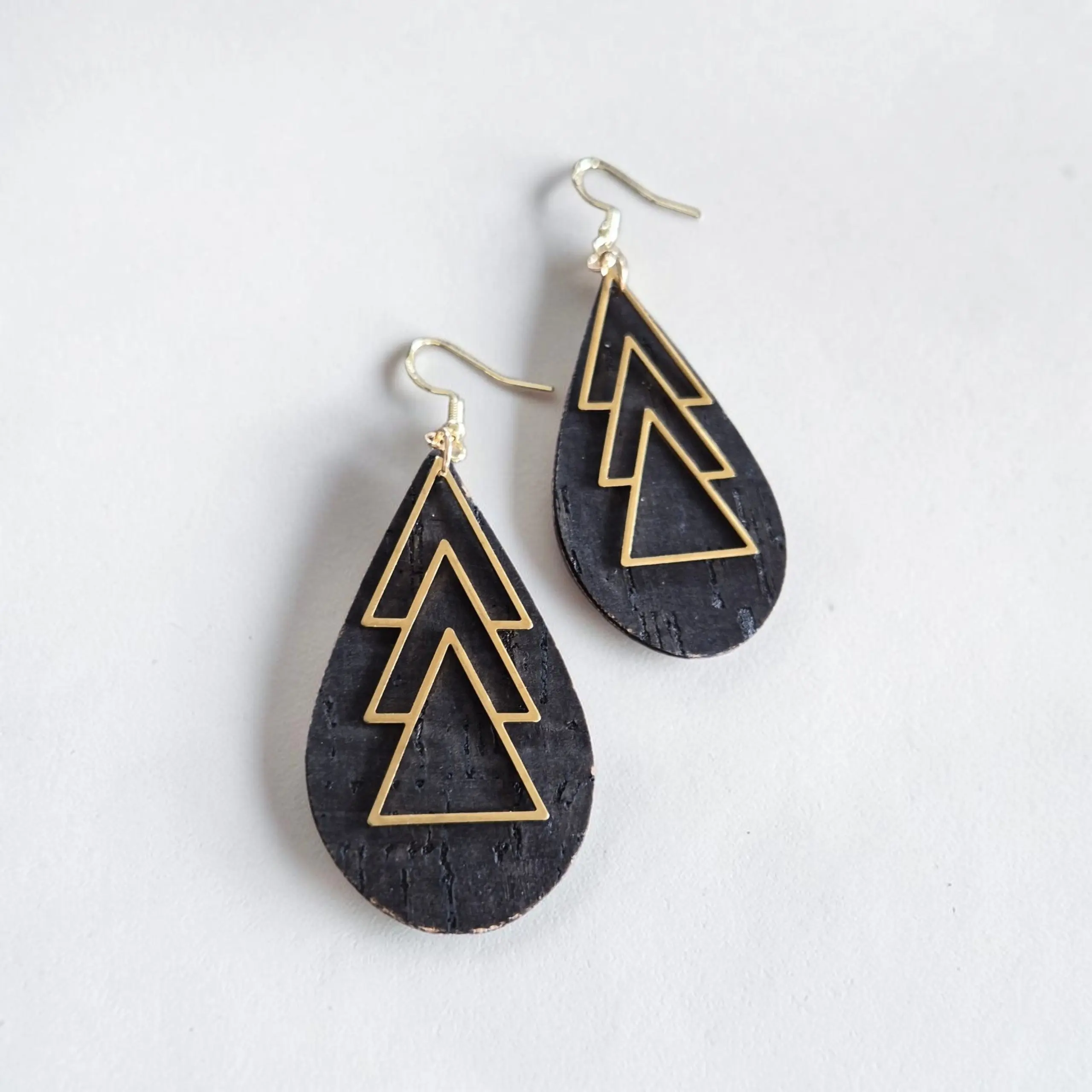 Upcycled Black Leather with Golden Trees Dangle Earrings