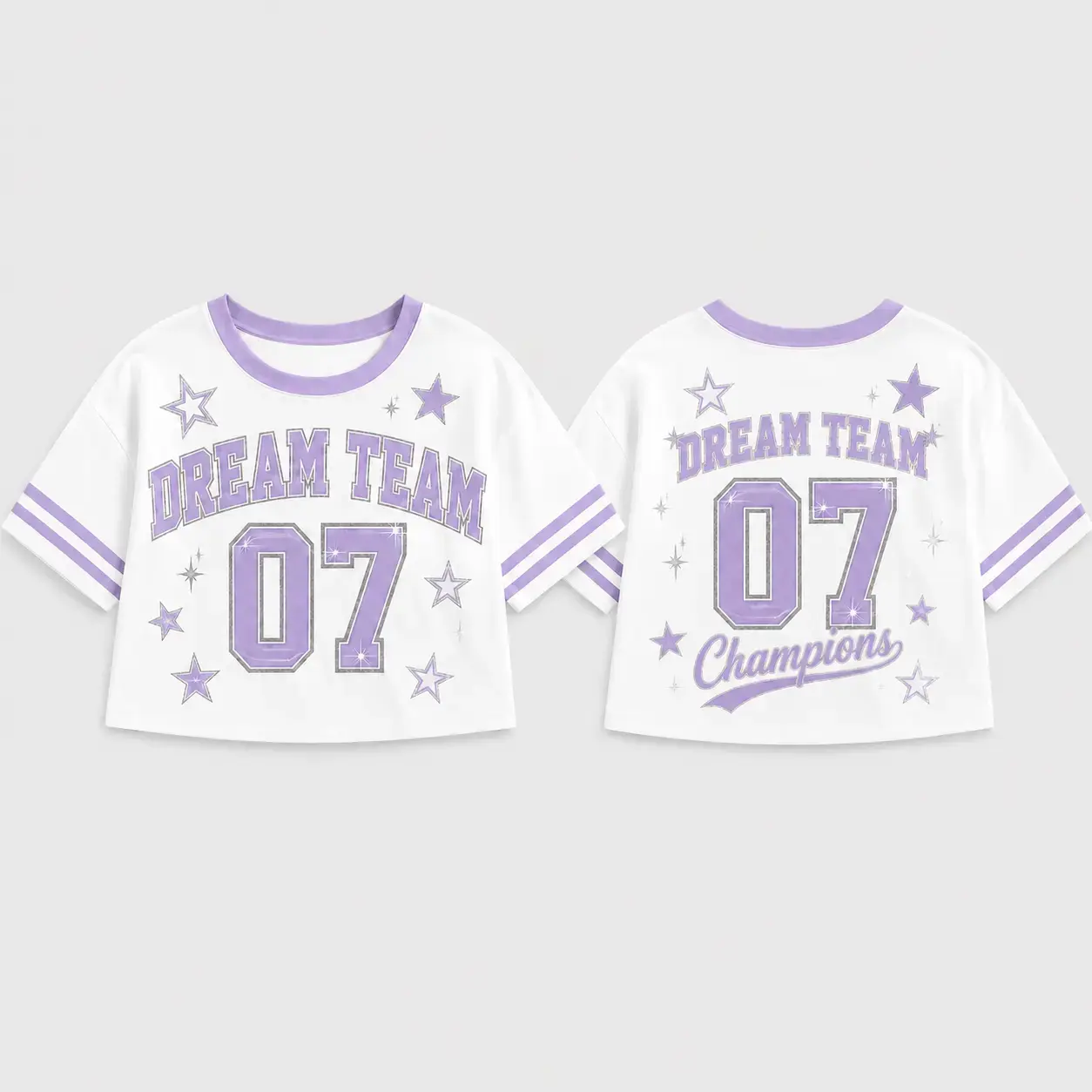 Dream Team 07 Light Purple Graphic White Crop Top, Lavender Varsity Short Sleeve T-Shirt, Y2K Aesthetic Concert Streetwear Women