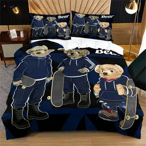 Bear pattern Decorative duvet cover set, including 1 duvet cover and 1 or 2 pillowcases, without a core or pillow, suitable for bedroom or dormitory bedding set, suitable for children or adults to decorate gifts