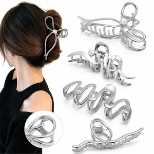 4 Pcs Silver Metal Hair Claw Clips for Women, Irregular Large Non-Slip Clips for Thick Curly Long Hair, Styling Accessories Set for Thin Hair, Strong Hold