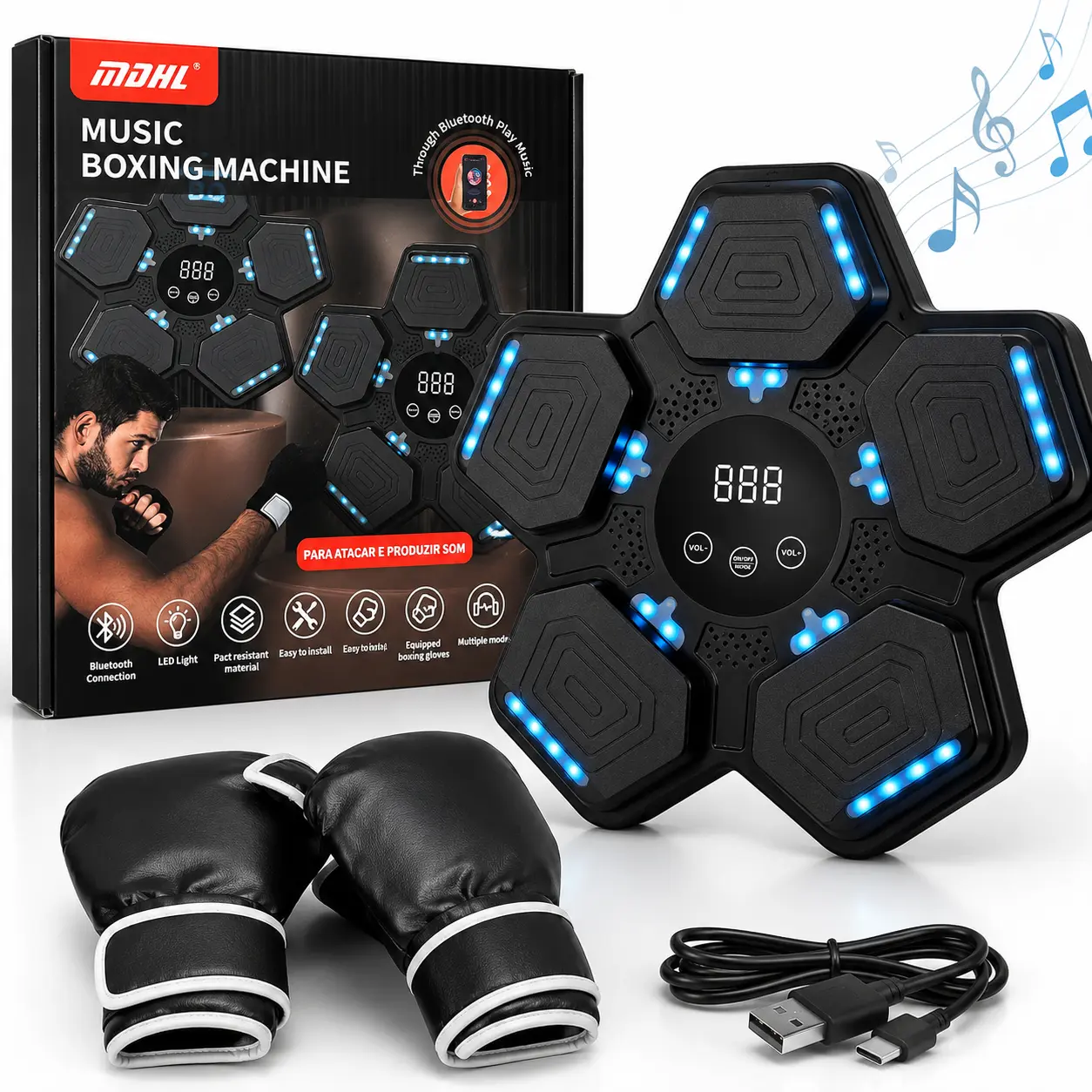 MDHL Music Boxing Machine with Bluetooth LED Lights Pact Resistant Material Easy Install Includes Boxing Gloves Multiple Modes