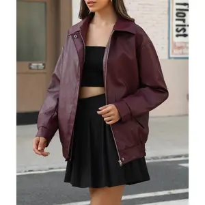 Casly Lamiit Women's Burgundy Faux Leather Jacket Long Sleeve Collared Zipper Oversized Biker Coat Trendy Travel Casual Outfits Basic Outerwear Womenswear Tops