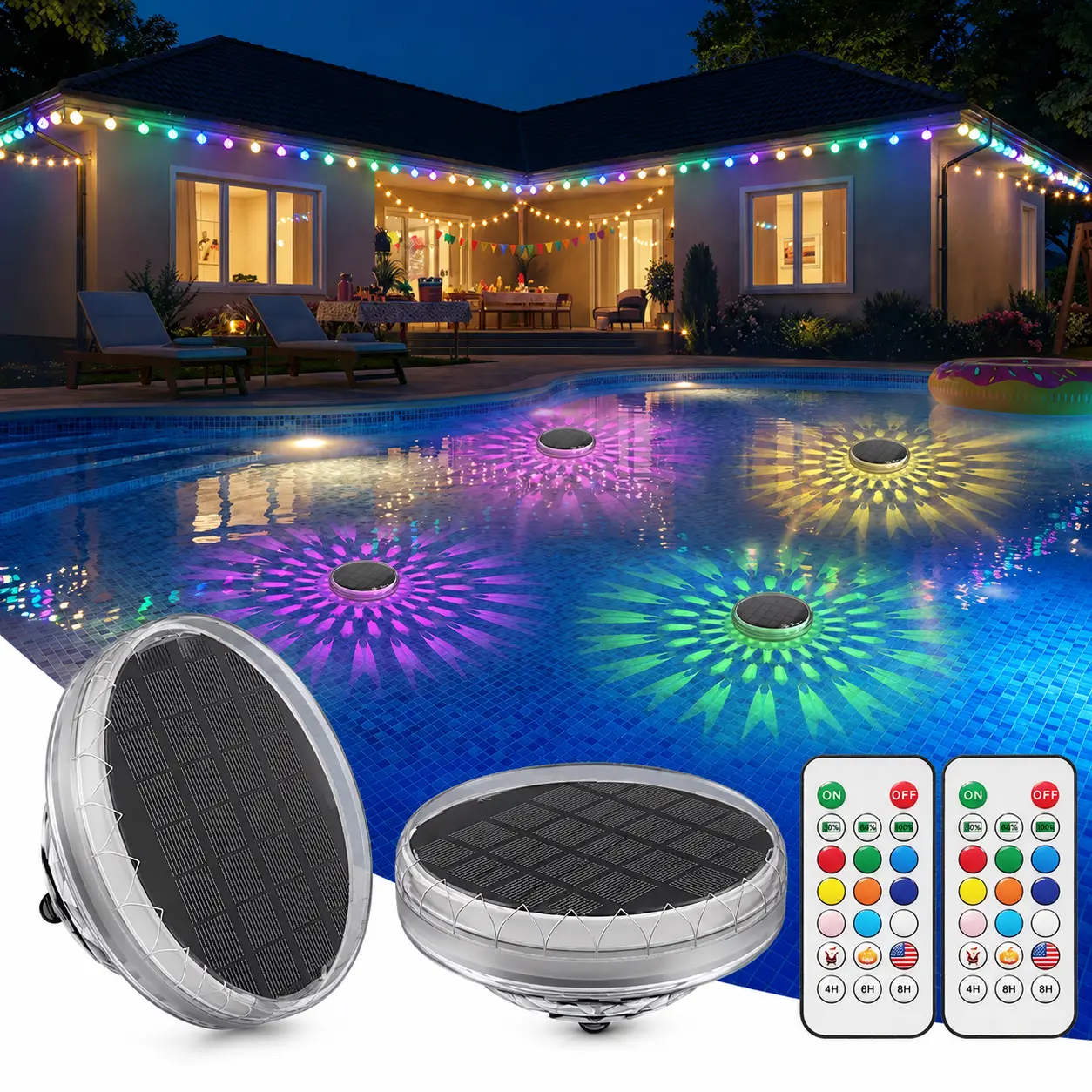 Solar Floating Pool Lights RGB Color Changing Pool Lights with Remote Control IP68 Waterproof Solar Powered Floating Lights for Above-Ground Inground Pools Hot Tubs Pool Party Decor