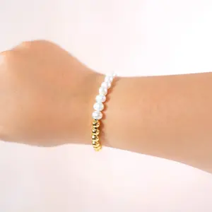 Pearl Beaded Bracelet, Gold Plated Non Tarnish Bracelet, Stretchy Elastic Bracelet, Gold Bracelet Sets, Gold Filled Stackable Bracelets, Casual Daily Wear Bracelet