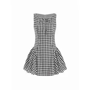Cider Cotton-blend Gingham Boat Neck Bowknot Babydoll Mini Dress SwimWeek