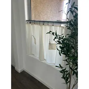 27" w x 27" L Cream Tea Towel Cafe Curtain with Center Pocket (set of two panels with 10 black rings included)